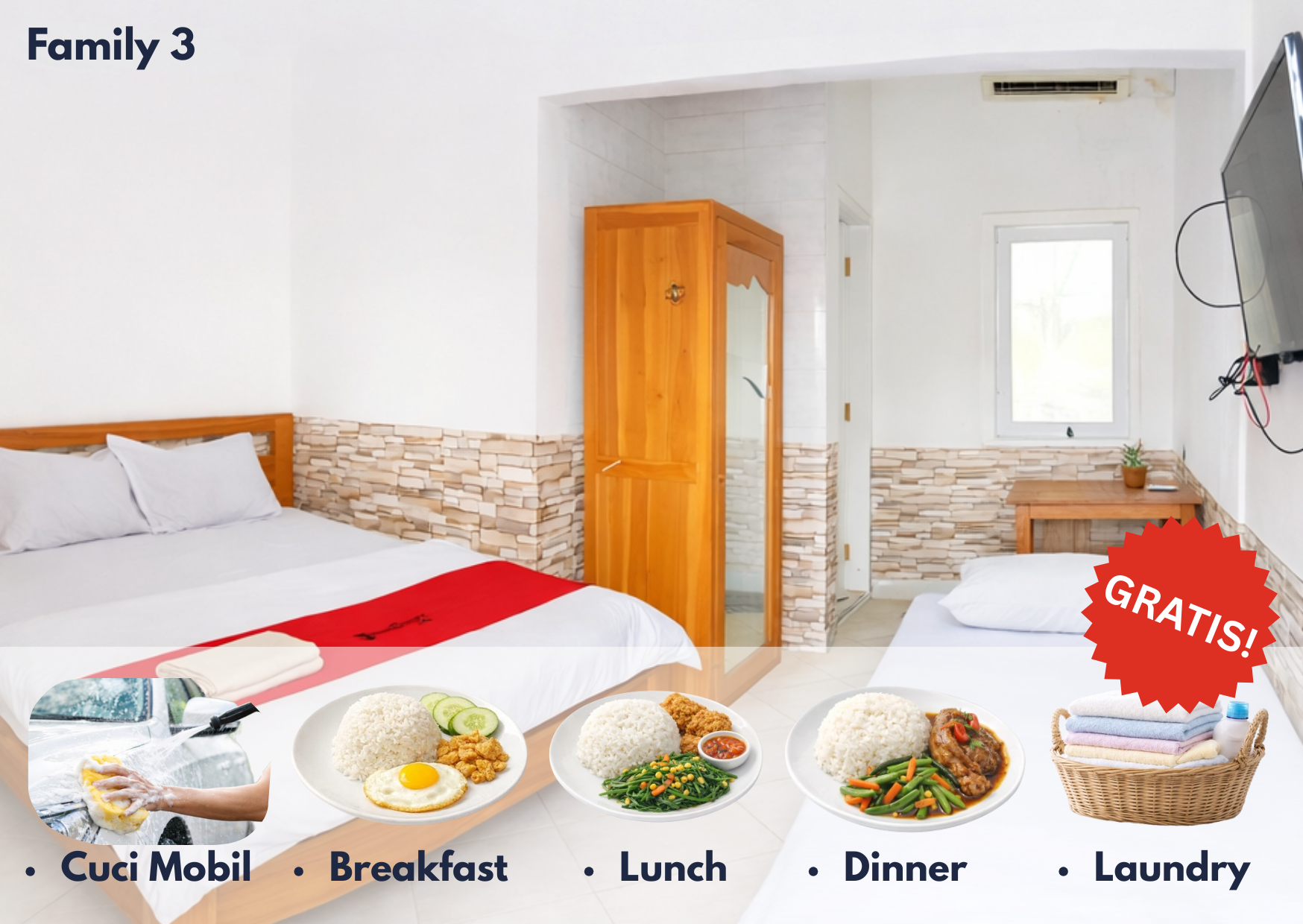 Bali Family 3 + GRATIS SARAPAN + MAKAN SIANG +MAKAN MALAM SETIAP HARI + CUCI MOBIL SETIAP MINGGU+ LAUNDRY HARIAN