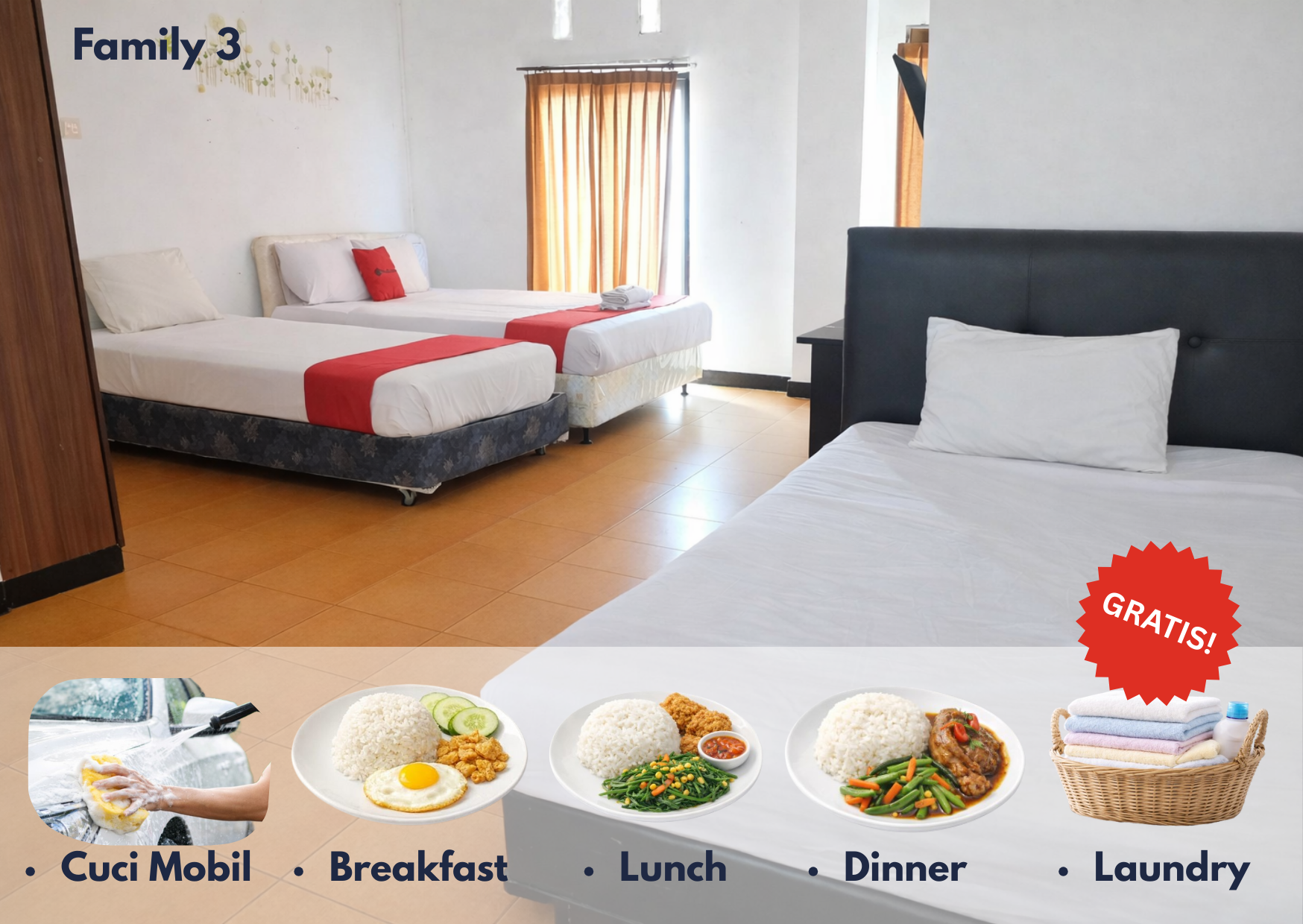 Bandung Family 3 + GRATIS SARAPAN + MAKAN SIANG +MAKAN MALAM SETIAP HARI + CUCI MOBIL SETIAP MINGGU+ LAUNDRY HARIAN