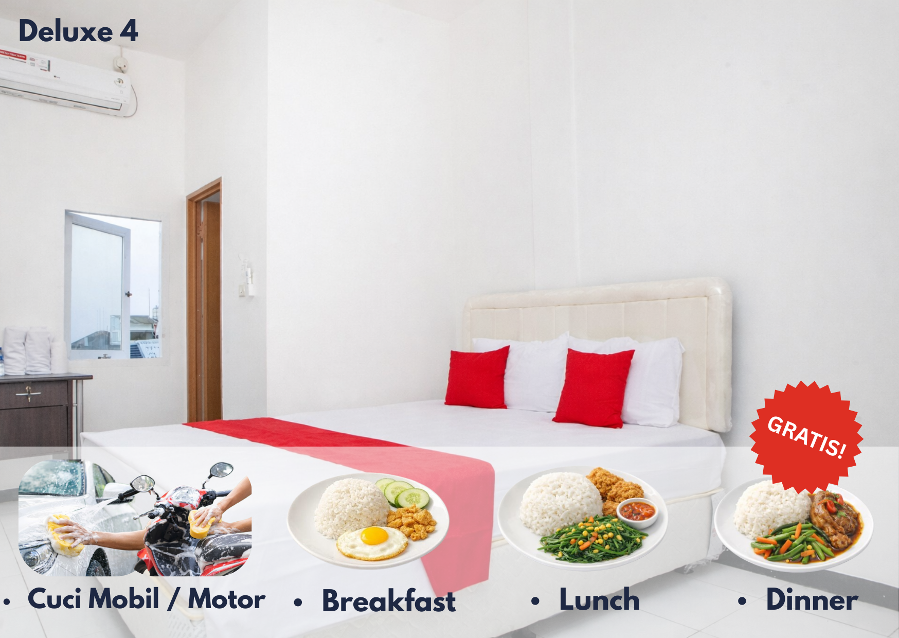 Bandung Deluxe 4 + GRATIS SARAPAN + MAKAN SIANG + MALAM SETIAP HARI + CUCI MOTOR/MOBIL SETIAP MINGGU